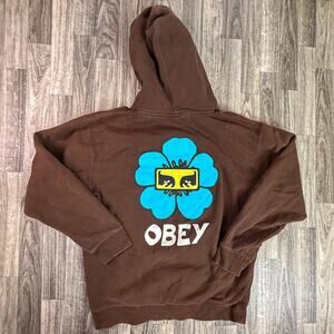 Obey Brown Flower Graphic Logo Pullover Hoodie Streetwear
